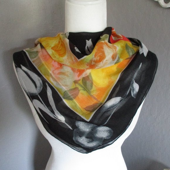 Semi sheer black & yellow floral scarf - Picture 1 of 7